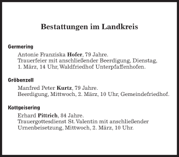 Traueranzeige von Beerdigungen vom 01.03.2022 von Süddeutsche Zeitung
