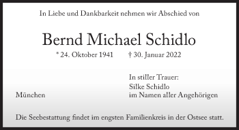 Traueranzeige von Bernd Michael Schidlo von Süddeutsche Zeitung