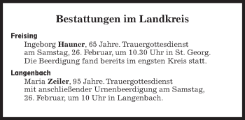 Traueranzeige von Bestattungen vom 26.02.2022 von Süddeutsche Zeitung