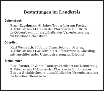 Traueranzeige von Bestattungskalender vom 03.02.2022  von Süddeutsche Zeitung
