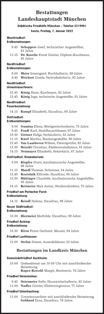 Traueranzeige von Bestattungskalender vom 07.01.2022  von Süddeutsche Zeitung