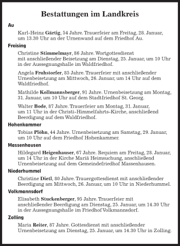 Traueranzeige von Bestattungskalender vom 25.01.2022  von Süddeutsche Zeitung