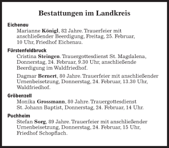 Traueranzeige von Bestattungskalender vom 24.02.2022  von Süddeutsche Zeitung