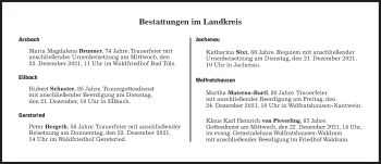 Traueranzeige von Bestattungskalender vom 21.12.2021  von Süddeutsche Zeitung