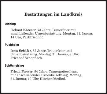Traueranzeige von Bestattungskalender vom 29.01.2022  von Süddeutsche Zeitung