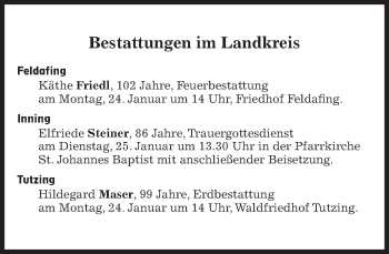 Traueranzeige von Bestattungskalender vom 22.01.2022  von Süddeutsche Zeitung