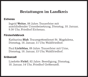 Traueranzeige von Bestattungskalender vom 17.01.2022  von Süddeutsche Zeitung