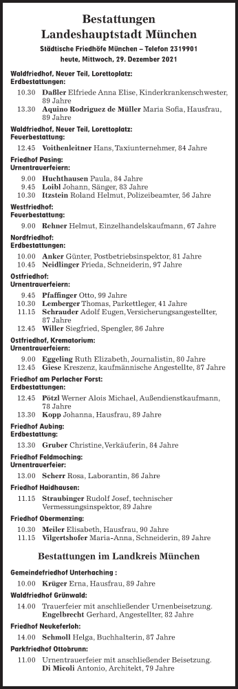 Traueranzeige von Bestattungskalender vom 29.12.2021  von Süddeutsche Zeitung