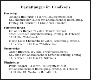 Traueranzeige von Bestattungskalender vom 18.02.2022  von Süddeutsche Zeitung