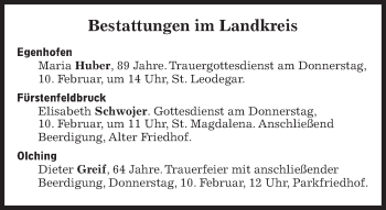 Traueranzeige von Bestattungskalender vom 10.02.2022  von Süddeutsche Zeitung