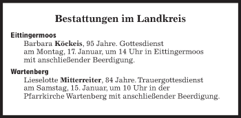 Traueranzeige von Bestattungskalender vom 15.01.2022  von Süddeutsche Zeitung