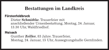 Traueranzeige von Bestattungskalender vom 24.01.2022  von Süddeutsche Zeitung