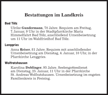 Traueranzeige von Bestattungskalender vom 04.01.2022  von Süddeutsche Zeitung