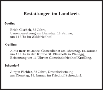 Traueranzeige von Bestattungskalender vom 18.01.2022  von Süddeutsche Zeitung