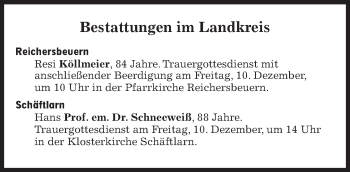 Traueranzeige von Bestattungskalender vom 09.12.2021  von Süddeutsche Zeitung