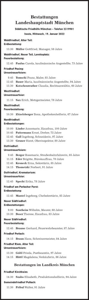 Traueranzeige von Bestattungskalender vom 19.01.2022  von Süddeutsche Zeitung