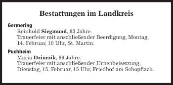 Traueranzeige von Bestattungskalender vom 14.02.2022  von Süddeutsche Zeitung