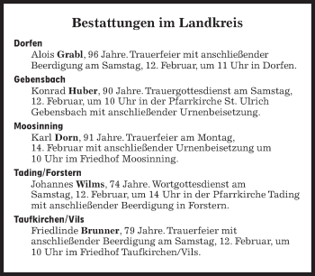 Traueranzeige von Bestattungskalender vom 12.02.2022  von Süddeutsche Zeitung
