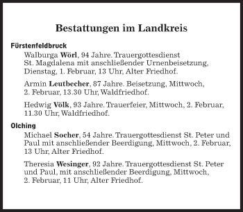 Traueranzeige von Bestattungskalender vom 01.02.2022  von Süddeutsche Zeitung