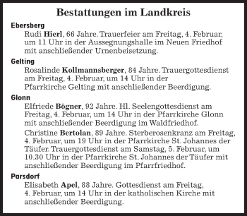 Traueranzeige von Bestattungskalender vom 04.02.2022  von Süddeutsche Zeitung