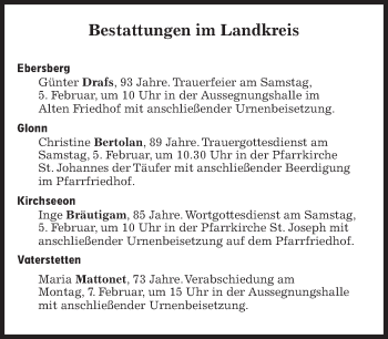 Traueranzeige von Bestattungskalender vom 05.02.2022  von Süddeutsche Zeitung