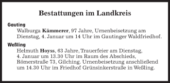 Traueranzeige von Bestattungskalender vom 04.01.2022  von Süddeutsche Zeitung