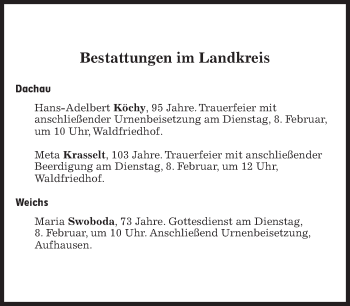 Traueranzeige von Bestattungskalender vom 07.02.2022  von Süddeutsche Zeitung