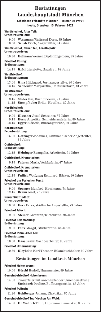 Traueranzeige von Bestattungskalender vom 15.02.2022  von Süddeutsche Zeitung
