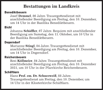 Traueranzeige von Bestattungskalender vom 10.12.2021  von Süddeutsche Zeitung