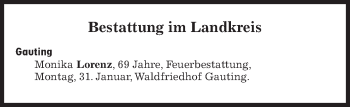 Traueranzeige von Bestattungskalender vom 31.01.2022  von Süddeutsche Zeitung