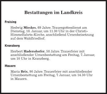Traueranzeige von Bestattungskalender vom 07.01.2022  von Süddeutsche Zeitung