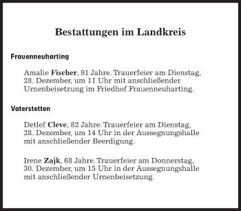 Traueranzeige von Bestattungskalender vom 27.12.2021  von Süddeutsche Zeitung