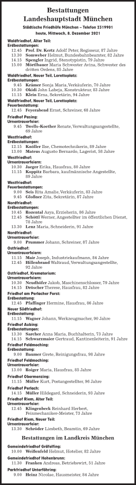 Traueranzeige von Bestattungskalender vom 08.12.2021  von Süddeutsche Zeitung