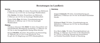 Traueranzeige von Bestattungskalender vom 09.02.2022  von Süddeutsche Zeitung