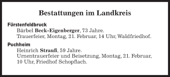 Traueranzeige von Bestattungskalender vom 19.02.2022  von Süddeutsche Zeitung