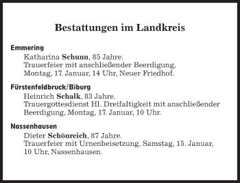 Traueranzeige von Bestattungskalender vom 15.01.2022  von Süddeutsche Zeitung