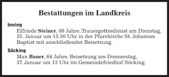 Traueranzeige von Bestattungskalender vom 25.01.2022  von Süddeutsche Zeitung