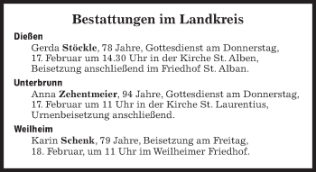 Traueranzeige von Bestattungskalender vom 17.02.2022  von Süddeutsche Zeitung