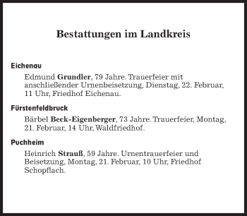 Traueranzeige von Bestattungskalender vom 21.02.2022  von Süddeutsche Zeitung
