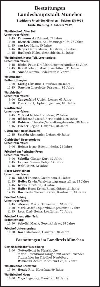Traueranzeige von Bestattungskalender vom 08.02.2022  von Süddeutsche Zeitung