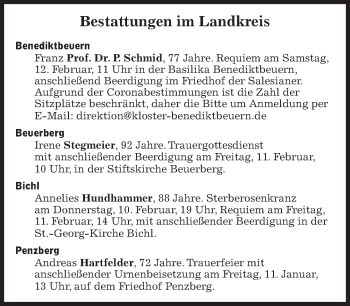 Traueranzeige von Bestattungskalender vom 11.02.2022  von Süddeutsche Zeitung