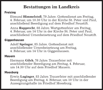 Traueranzeige von Bestattungskalender vom 04.02.2022  von Süddeutsche Zeitung