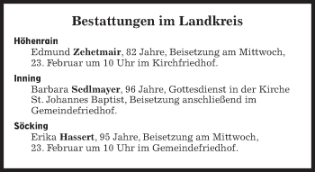 Traueranzeige von Bestattungskalender vom 23.02.2022  von Süddeutsche Zeitung