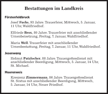 Traueranzeige von Bestattungskalender vom 05.01.2022  von Süddeutsche Zeitung