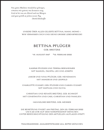 Traueranzeige von Bettina Pflüger von Süddeutsche Zeitung