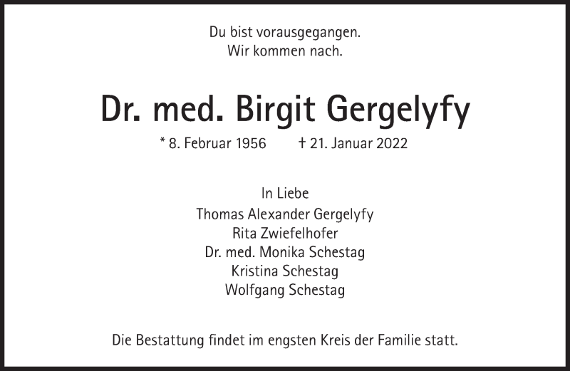  Traueranzeige für Birgit Gergelyfy vom 05.02.2022 aus Süddeutsche Zeitung