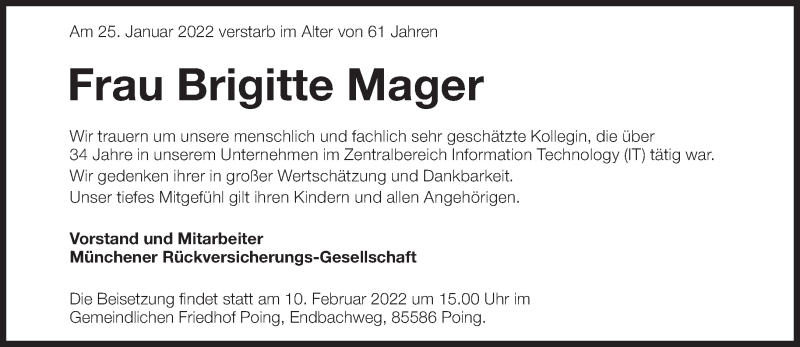  Traueranzeige für Brigitte Mager vom 05.02.2022 aus Süddeutsche Zeitung