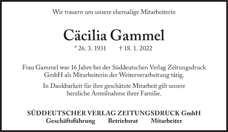  Traueranzeige für Cäcilia Gammel vom 11.02.2022 aus Süddeutsche Zeitung