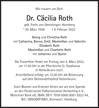 Traueranzeige von Cäcilia Roth von Süddeutsche Zeitung