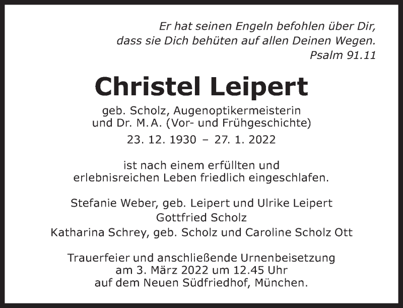  Traueranzeige für Christel Leipert vom 03.02.2022 aus Süddeutsche Zeitung